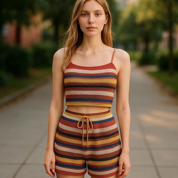 HYFVE Striped Boho Summer Beach 2 Pc Set Knit Crop Top & Shorts Pool SZ L NWOT - Picture 2 of 11